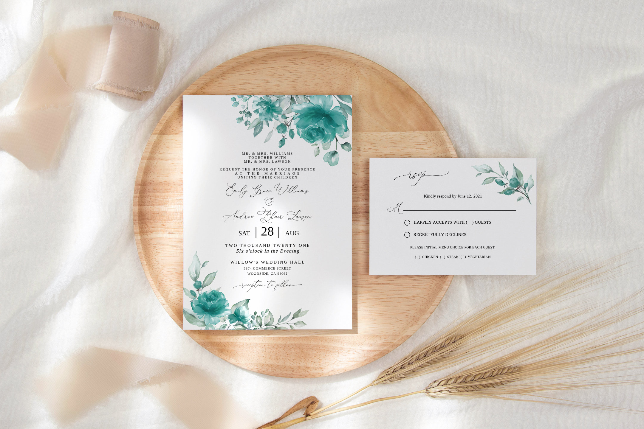 Teal Wedding Invite, Turquoise Invitation, Editable Template