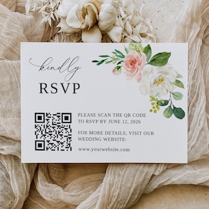 Puede incluir: Una tarjeta blanca con un diseño floral y un código QR. El texto en la tarjeta dice "kindly RSVP" y "PLEASE SCAN THE QR CODE TO RSVP BY JUNE 12, 2026. FOR MORE DETAILS, VISIT OUR WEDDING WEBSITE: www.yourwebsite.com"