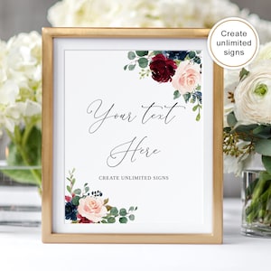 Burgundy Navy Blush Wedding Sign, Edit Yourself, Custom Wedding Sign Template, Marsala Wedding Sign, Printable Signs, Templett, #B80