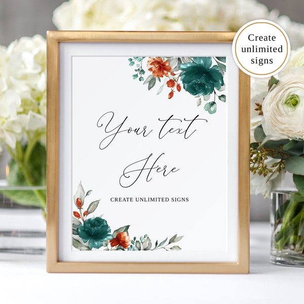 Teal Orange Wedding Sign, Edit Yourself, Custom Wedding Sign Template, Teal Wedding Sign, Printable Signs, Templett, #B141