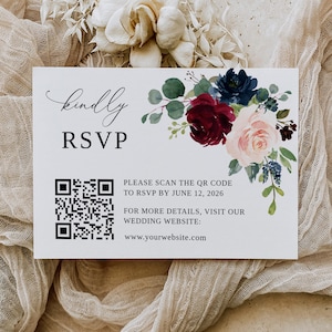 RSVP pour mariage Bordeaux bleu marine Blush, RSVP, modèle de mariage avec code Qr, RSVP avec code QR, carte-réponse florale, réponse en ligne, B80