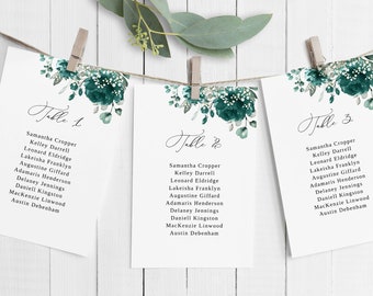 Teal Baby's Breath Wedding Seating Chart Cards, Hanging Seat Chart Template, Turquoise Wedding Seating Plan, Wedding Board, Templett, #B164