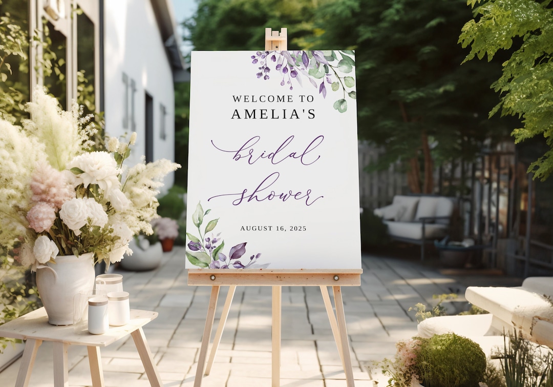 Green Purple Bridal Shower Welcome Sign, Purple Greenery Welcome Sign ...