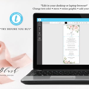 May include: A laptop screen displaying a wedding menu template with a floral design. The menu is titled "Mine" and features a list of starters, main courses, and desserts. The template is customisable with text and images.