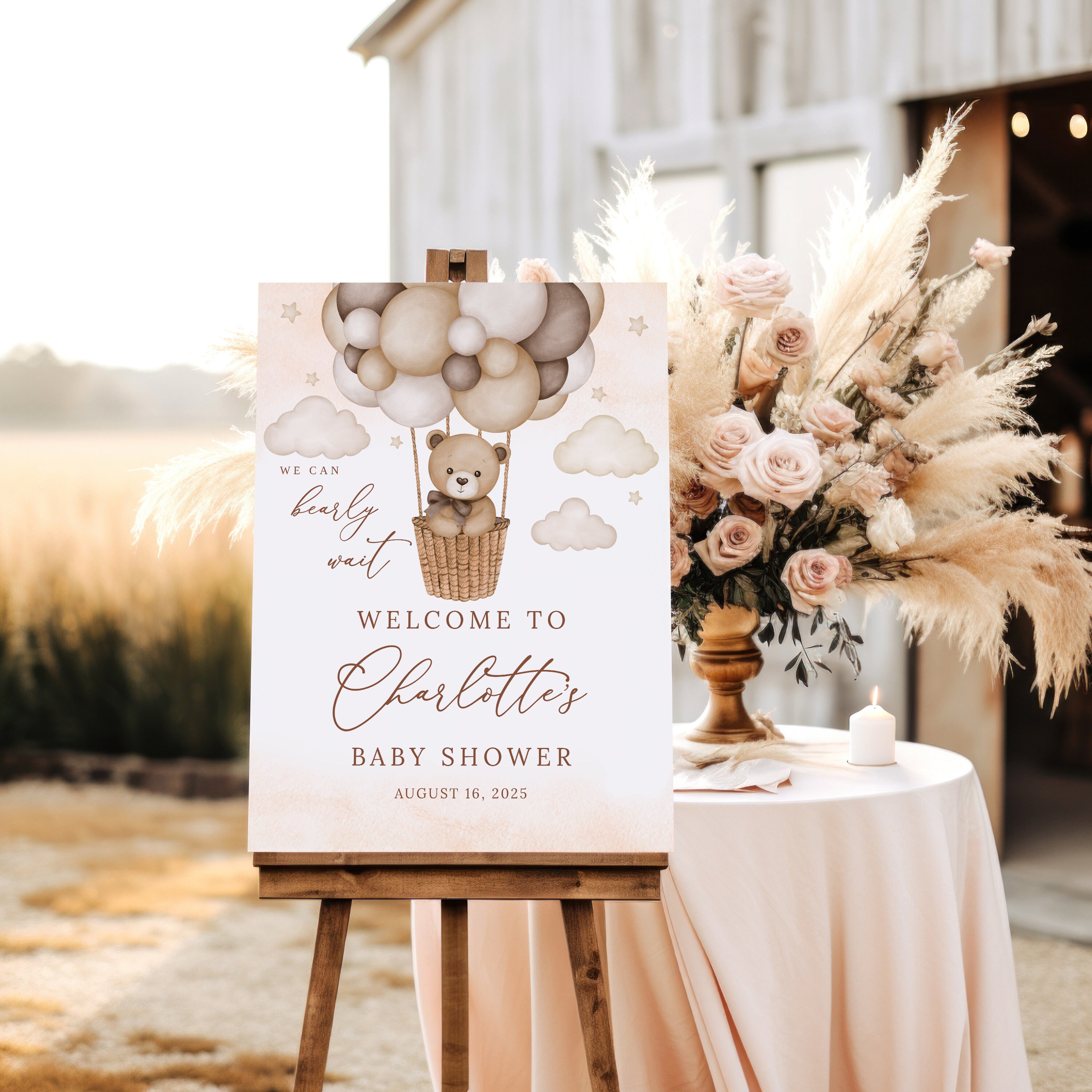 Editable Teddy Bear Hot Air Balloon Baby Shower Welcome Sign We Can ...