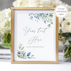 Signo de boda verde azul polvoriento, edítelo usted mismo, plantilla de signo de boda personalizada, signo de boda azul verde, signos imprimibles, Templett, #B163