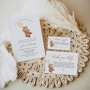 Gender Neutral Bear Baby Shower Invitation Bundle, Neutral Baby Shower Invitation Bear Books for Baby Diaper Raffle Tickets Template B168