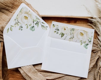 White Floral Wedding Envelope Liner, Printable Envelope Liner Template, White Folwers, #B36