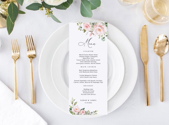 Blush Wedding Menu Template, Blush Pink Wedding Menu, Floral Wedding Menu Printable, Boho Wedding Menu, Templett, #B33