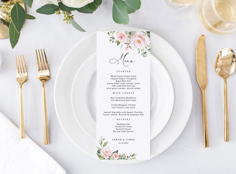 May include: A wedding menu card with a floral design featuring pink roses and green leaves. The menu includes starter, main course, and dessert options. The card also includes the names Sarah & James and the date 12.09.2022.
