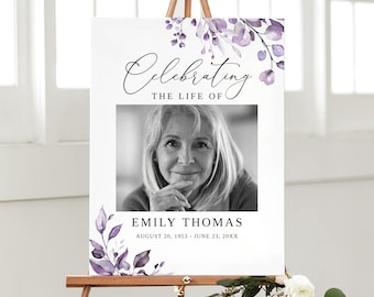 Dusty Purple Funeral Welcome Sign, Celebration of Life, Dusty Purple Memorial Sign, In Loving Memory Sign, Lavender Funeral Template, B259