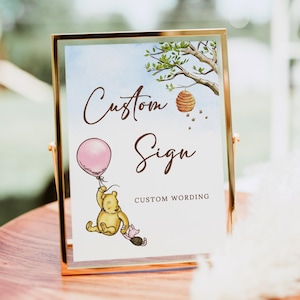 Cartello modificabile per baby shower di Winnie the Pooh, modificabile da solo, modello di cartello personalizzato, cartello rosa per baby shower, Templett, B189
