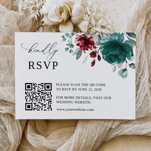 Réponse de QR code de mariage bleu sarcelle bourgogne, modèle de code Qr, RSVP avec code QR, carte-réponse de mariage bleu sarcelle floral, réponse de réponse en ligne, B149