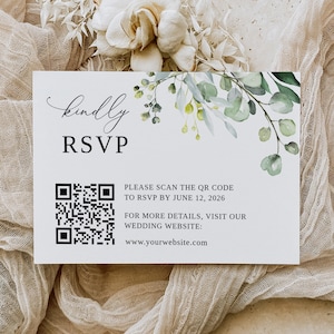 Qr Code Antwortkarte, Qr Code Hochzeitsvorlage, Antwortkarte mit QR-Code, Antwortkarte für die Hochzeit im Grünen, B32