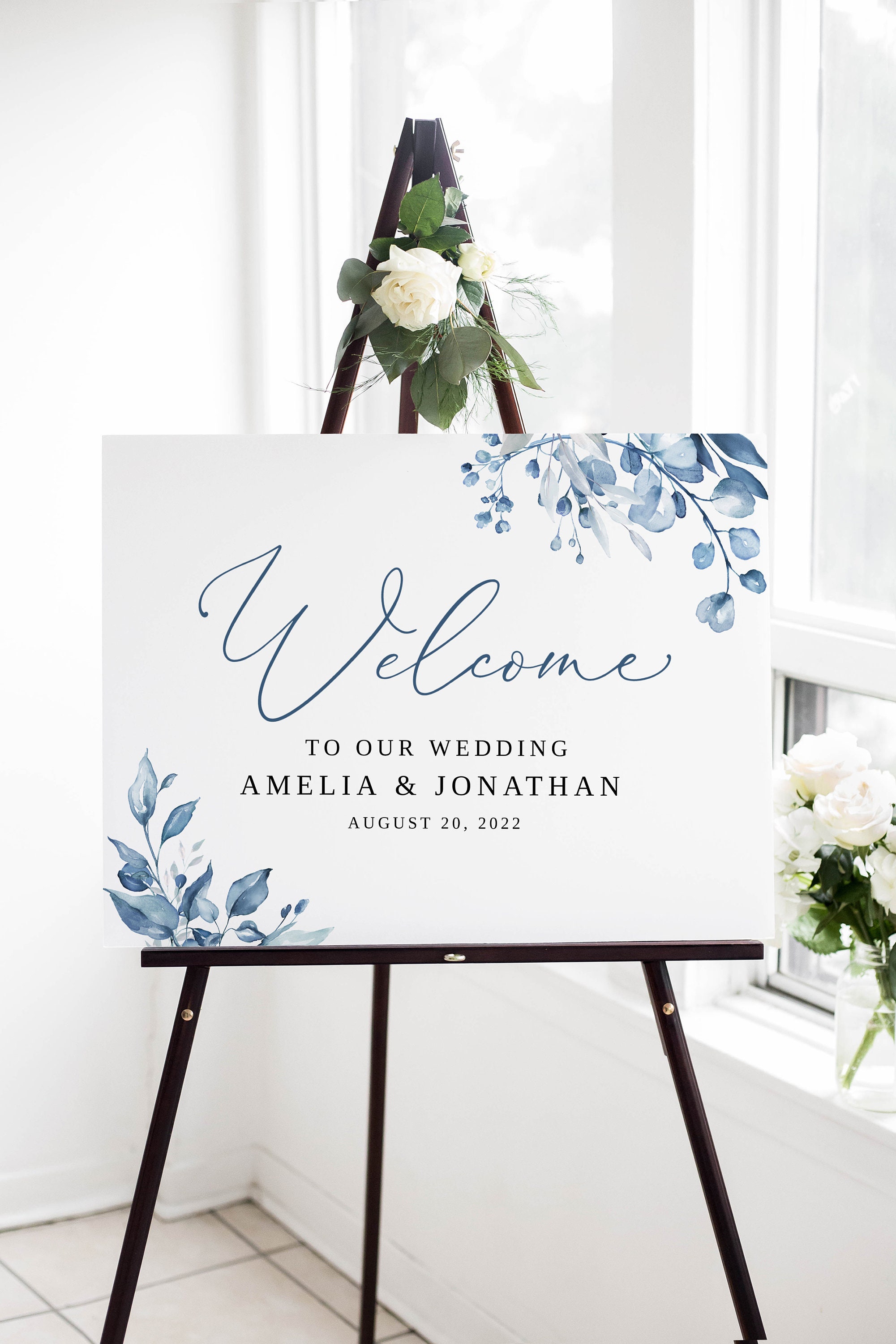 Dusty Blue Wedding Welcome Sign, Floral Welcome Sign, Landscape Wedding Sign, Templett, #B63
