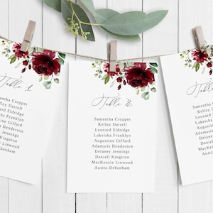 Cartes de plan de table pour mariage Bourgogne, modèle de plan de table pour siège suspendu, plan de salle de mariage rouge foncé, planche de table de mariage, Templett, #B35