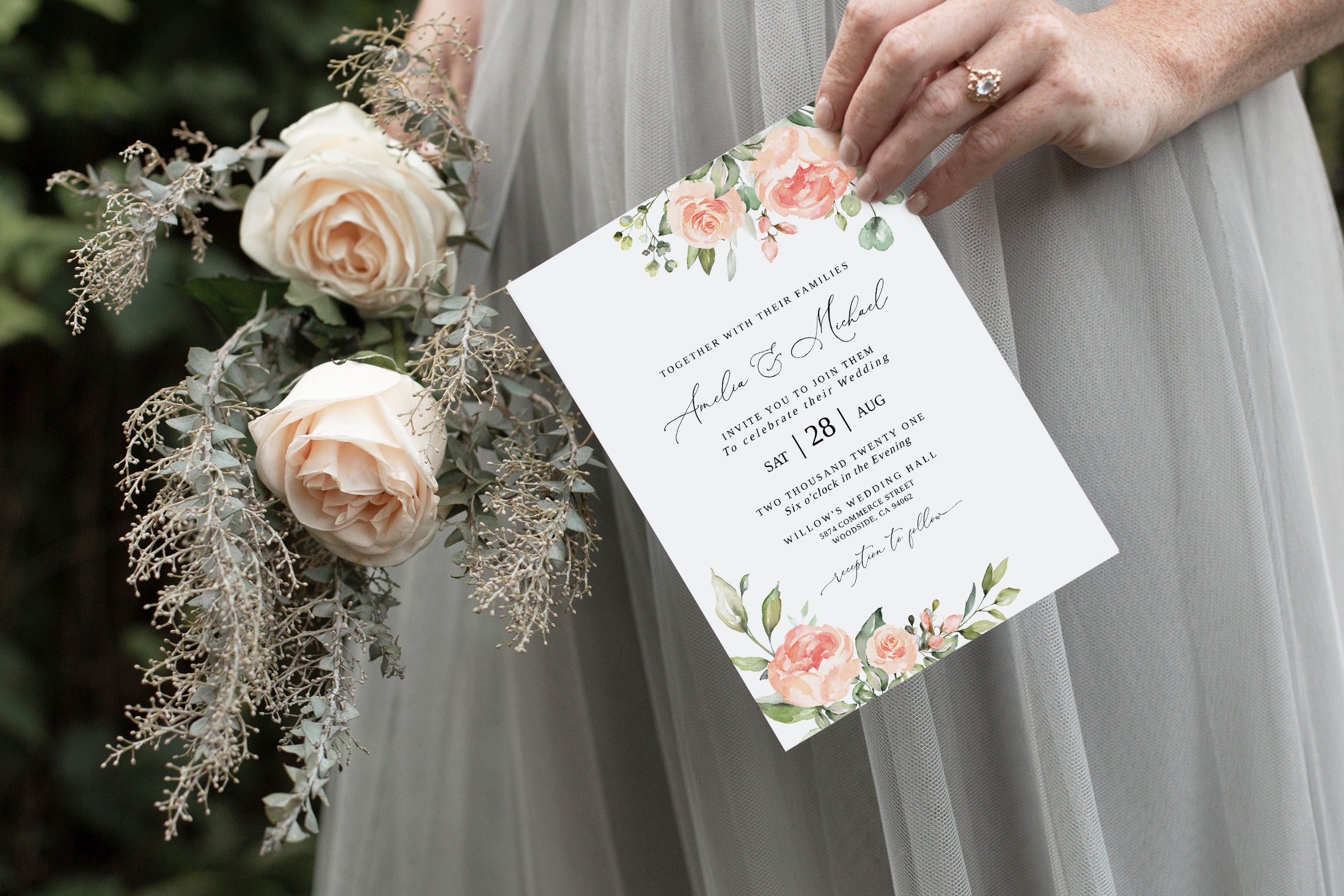 Peach Wedding Invitation, Floral Wedding Invitation Template, Coral Wedding Invitation, Templett, #B39