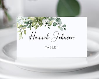 Editable Wedding Place Card Template, Greenery Seating Card, Name Cards, Printable Place Cards, Templett, PB124