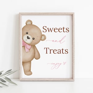 Pink Teddy Bear Sweets and Treats Baby Shower Sign, Editable Baby Shower Sweets Station Sign, Baby Girl Shower Dessert Sign Bear Theme, B216