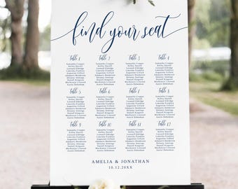 Navy Wedding Seating Chart Template, Dark Blue Wedding Seating Plan, Wedding Seating Board, Templett, B151