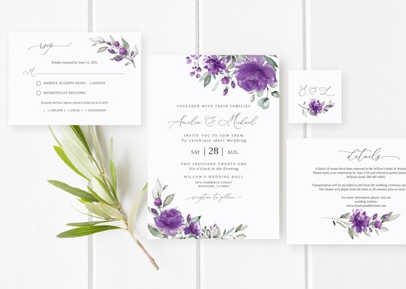 Purple Wedding Invitation Template, Lavender Wedding Invitation