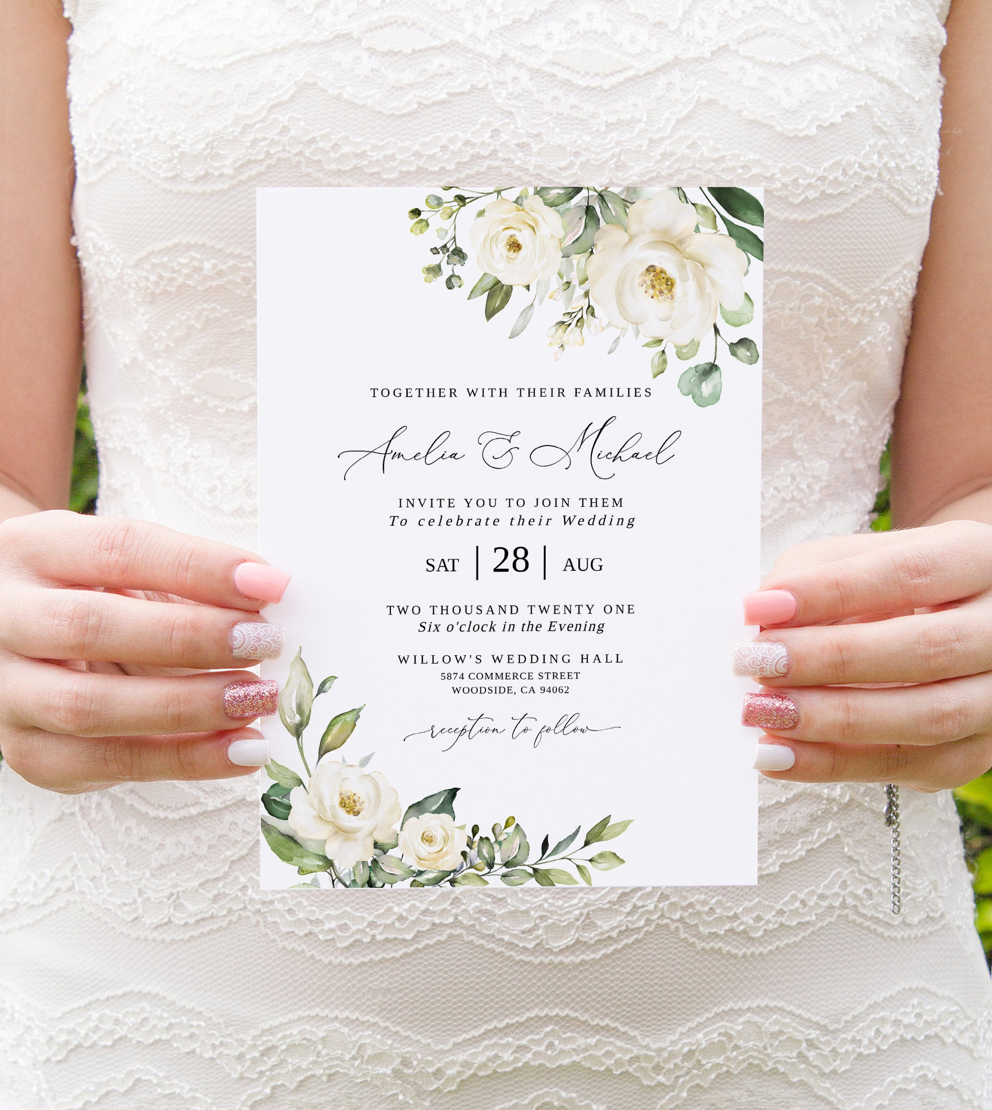 White Floral Wedding Invitation Template, Romantic Wedding Invitation, Editable Template, White Roses, Templett, #B36