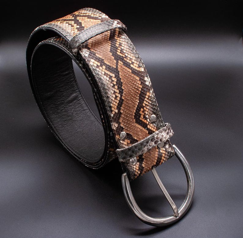 May include: A brown and black snakeskin belt with a silver buckle. The belt is made of genuine leather and has a classic design.