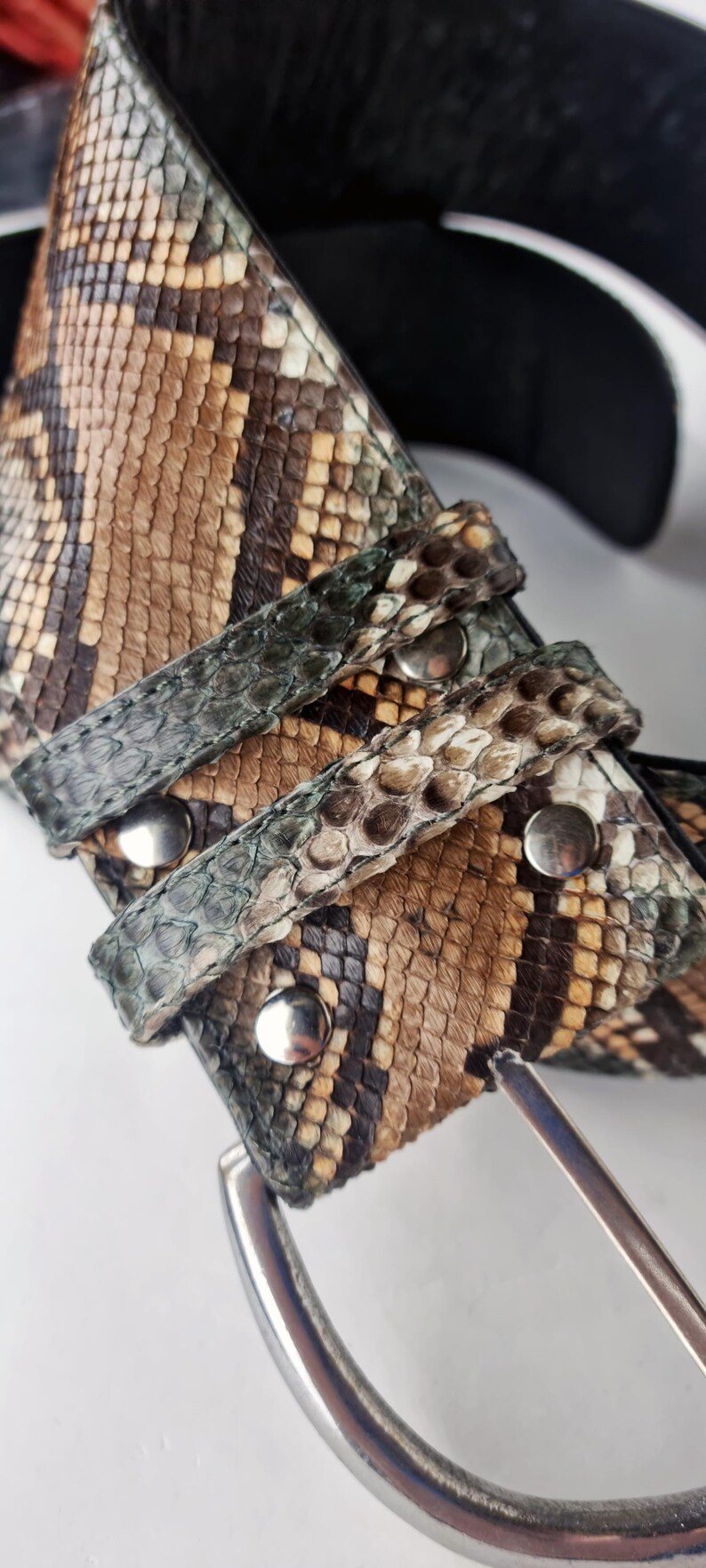 May include: A brown, black and green snakeskin belt with a silver buckle. The belt has a textured pattern and is made of real leather.