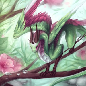 Hummingbird Dragon - Original Fantasy Print - "Gentle Curiosity"