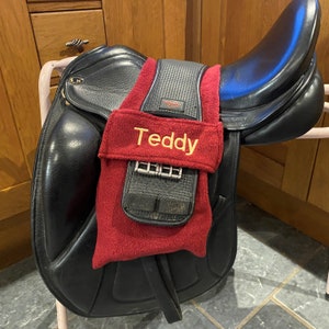 Personalised Embroidered Over Saddle STIRRUP COVERS With Girth Holder Many Colours