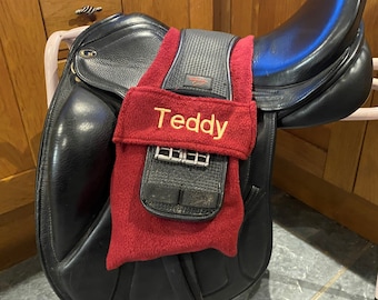 Personalised Embroidered Over Saddle STIRRUP COVERS With Girth Holder Many Colours