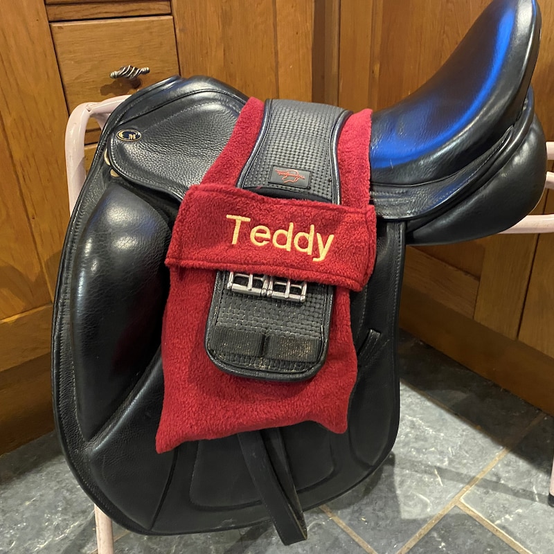 Personalised Embroidered Over Saddle STIRRUP COVERS With Girth Holder Many Colours