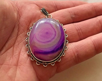 Breath Taking Ladies-Girls Purple Lace Agate Gemstone Pendant 925 Solid Sterling Silver