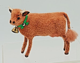 Flocked Cow Figure Green Collar/Bell Wagner Kunstlerschutz Handwork Germany MIni Animal