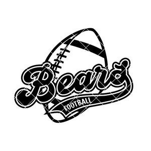 May include: Black and white illustration of a football with the word "Bears" and "Football" written in a stylized font.