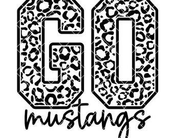 May include: A graphic design featuring the letters G and O in a bold, block-style font. Both letters are filled with a black and white leopard print pattern. Below the letters, the word mustangs is written in a black, cursive script font.
