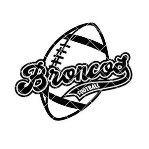 May include: Black and white illustration of a football with the word "Broncos" and "Football" written on it.