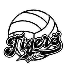 May include: Black and white graphic design of a volleyball with the word "Tigers" in a stylised font and the text "Volleyball" below it.