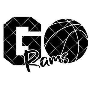 Puede incluir: Diseño gráfico en blanco y negro con el texto "Go Rams" y una pelota de baloncesto.