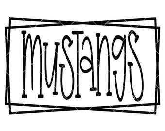 May include: A black graphic design featuring the word MUSTANGS written in a tall, stylized, sans-serif font. The text is enclosed within two overlapping, thin black rectangular frames that are slightly tilted, creating a geometric border effect.