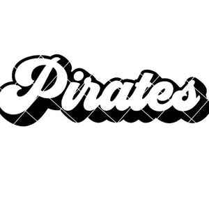 May include: A black and white graphic of the word "Pirates" in a retro font. The word is in white with a black outline and a shadow effect. The design has a wavy, cloud-like shape.