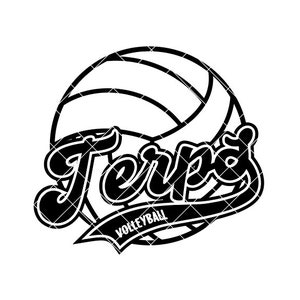 Puede incluir: Gráfico en blanco y negro de un balón de voleibol con la palabra "Terps" en una fuente estilizada. Debajo de la palabra "Terps" hay una pancarta que dice "Volleyball". El diseño es adecuado para productos de temática deportiva.