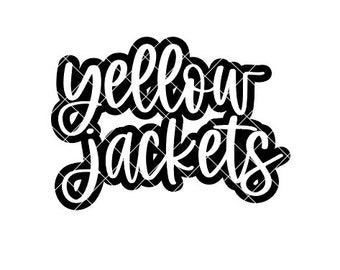 May include: Black and white graphic design with the text "yellow jackets" in a handwritten style.