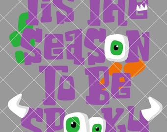 Pode incluir: Um gráfico cinza com o texto "Tis the season to be spooky" em roxo, com detalhes em verde e laranja. O design inclui olhos de desenho animado, chifres e uma coroa, criando um tema de Halloween.