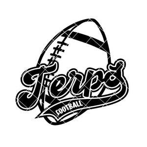Puede incluir: Diseño gráfico en blanco y negro de un balón de fútbol con la palabra "Terps" y "FOOTBALL" escrita en él.