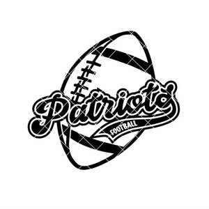 May include: Black and white illustration of a football with the word "Patriots" in a stylized font above it and the word "Football" below it.