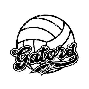 May include: Black and white graphic design of a volleyball with the word "Gators" in a stylized font and the text "Volleyball" below.