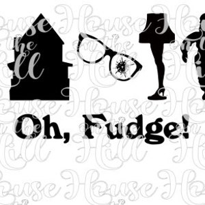 May include: Black and white silhouette image of a house, a lamp, a pair of glasses, and a figure. The text "Oh, Fudge!" is below the images.