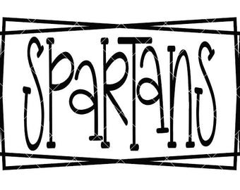 May include: Black and white graphic design featuring the word "SPARTANS" in a bold, stylized font. The word is enclosed within a black rectangular frame with a decorative, geometric pattern.