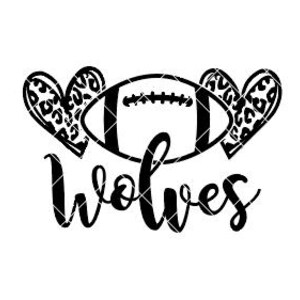 May include: Black and white graphic featuring a football with two leopard print hearts and the word "Wolves" in a cursive font. The design is suitable for apparel or accessories.